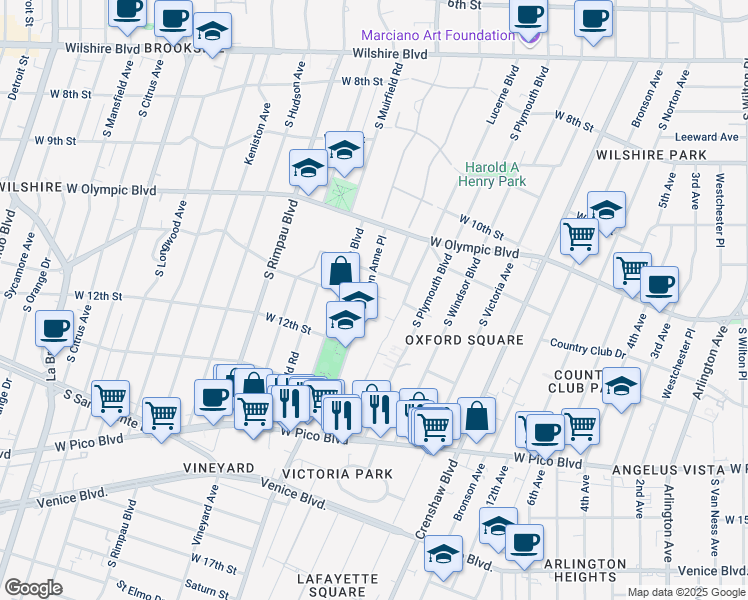 map of restaurants, bars, coffee shops, grocery stores, and more near 1142 Queen Anne Place in Los Angeles