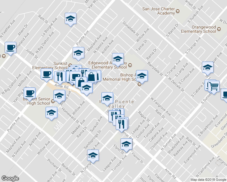 map of restaurants, bars, coffee shops, grocery stores, and more near 14213 Hayland Street in La Puente