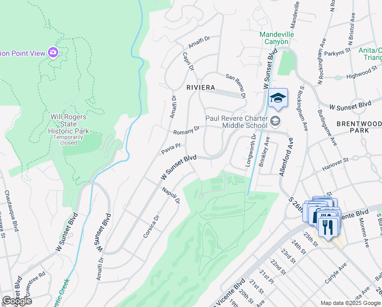 map of restaurants, bars, coffee shops, grocery stores, and more near 1300 Capri Drive in Los Angeles
