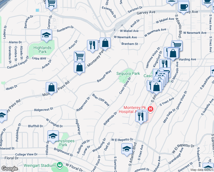 map of restaurants, bars, coffee shops, grocery stores, and more near 805 Ridgecrest St in Monterey Park