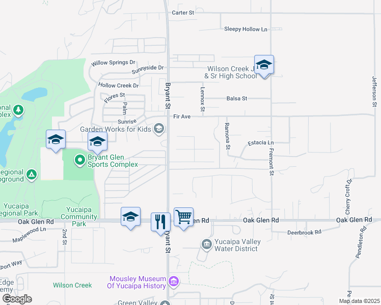 map of restaurants, bars, coffee shops, grocery stores, and more near 35377 Shade Tree Road in Yucaipa