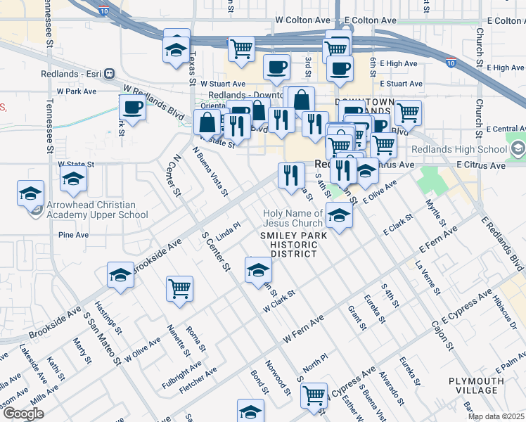 map of restaurants, bars, coffee shops, grocery stores, and more near 19 South Buena Vista Street in Redlands