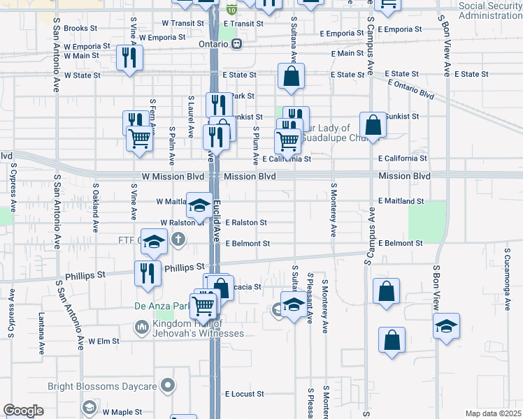 map of restaurants, bars, coffee shops, grocery stores, and more near 305 East Ralston Street in Ontario