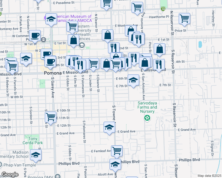map of restaurants, bars, coffee shops, grocery stores, and more near 805 Eighth Street in Pomona