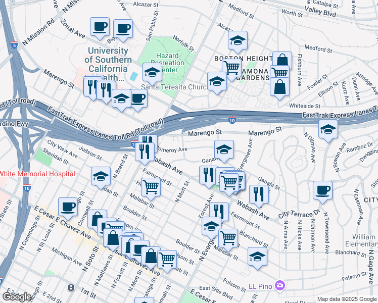 map of restaurants, bars, coffee shops, grocery stores, and more near 2518 Pomeroy Avenue in Los Angeles