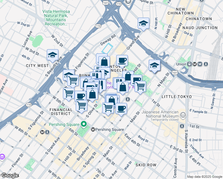 map of restaurants, bars, coffee shops, grocery stores, and more near 220s South Olive Street in Los Angeles