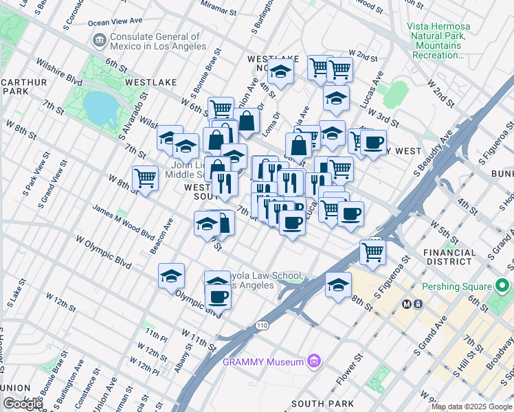 map of restaurants, bars, coffee shops, grocery stores, and more near 685 Witmer Street in Los Angeles
