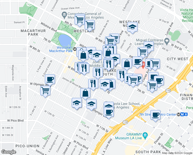 map of restaurants, bars, coffee shops, grocery stores, and more near in Los Angeles