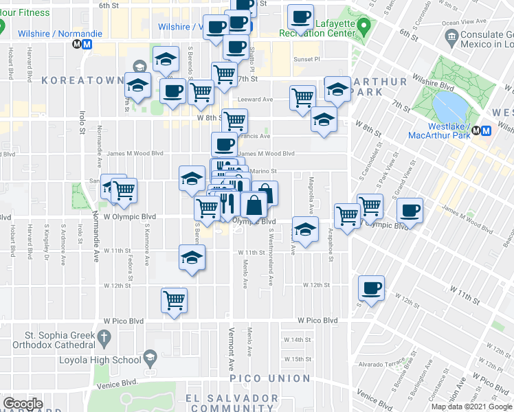 map of restaurants, bars, coffee shops, grocery stores, and more near 980 Menlo Avenue in Los Angeles