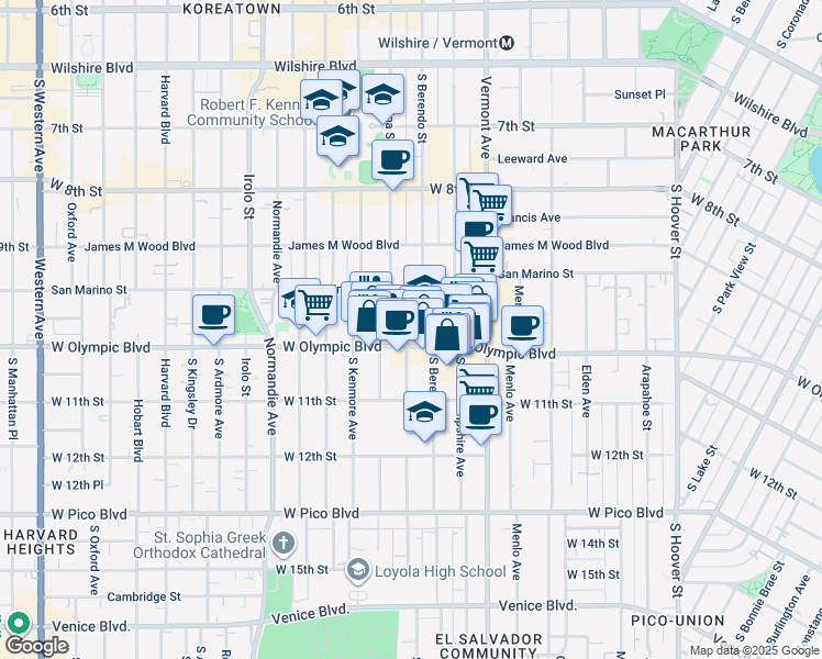 map of restaurants, bars, coffee shops, grocery stores, and more near 2793 West Olympic Boulevard in Los Angeles