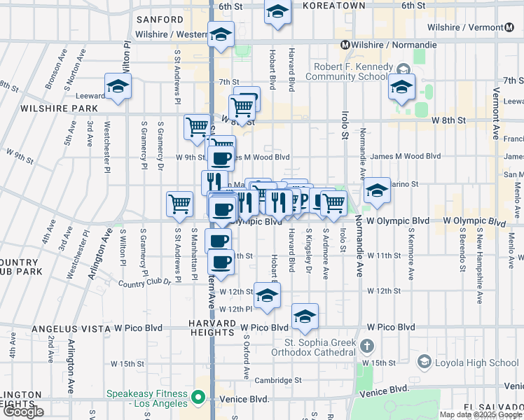 map of restaurants, bars, coffee shops, grocery stores, and more near 989 South Serrano Avenue in Los Angeles