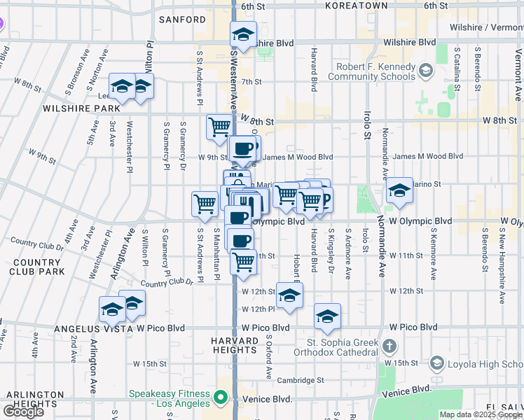 map of restaurants, bars, coffee shops, grocery stores, and more near 985 South Oxford Avenue in Los Angeles