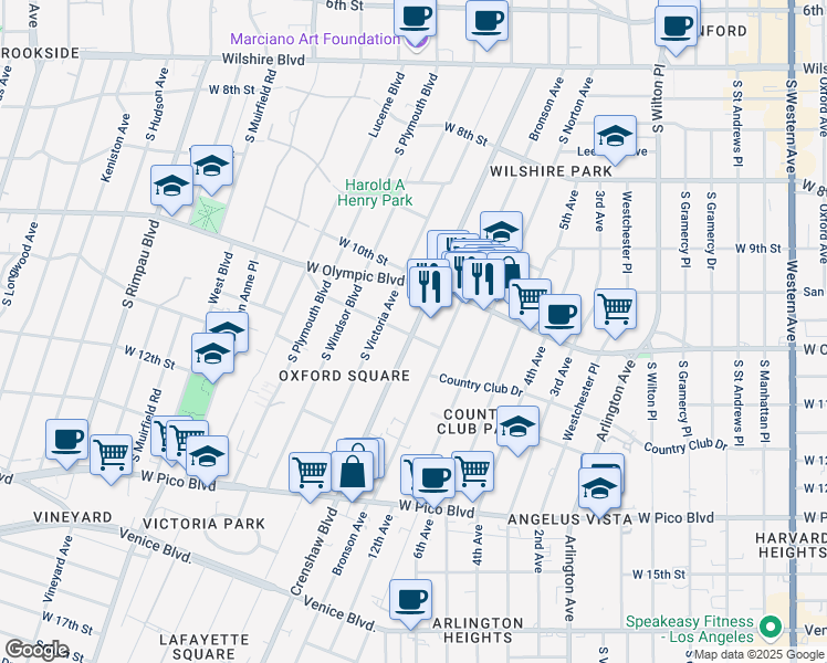 map of restaurants, bars, coffee shops, grocery stores, and more near 1107 Crenshaw Boulevard in Los Angeles