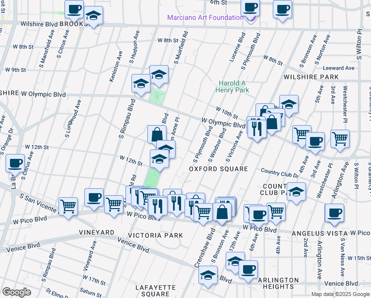 map of restaurants, bars, coffee shops, grocery stores, and more near 1136 South Lucerne Boulevard in Los Angeles