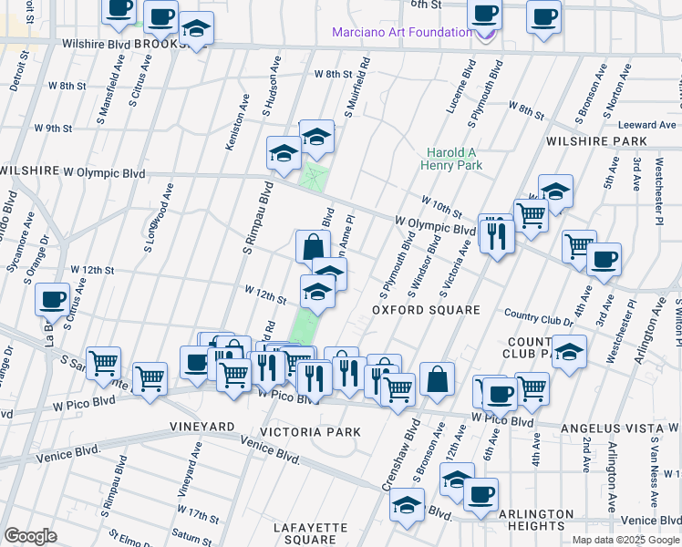 map of restaurants, bars, coffee shops, grocery stores, and more near 1142 Queen Anne Place in Los Angeles