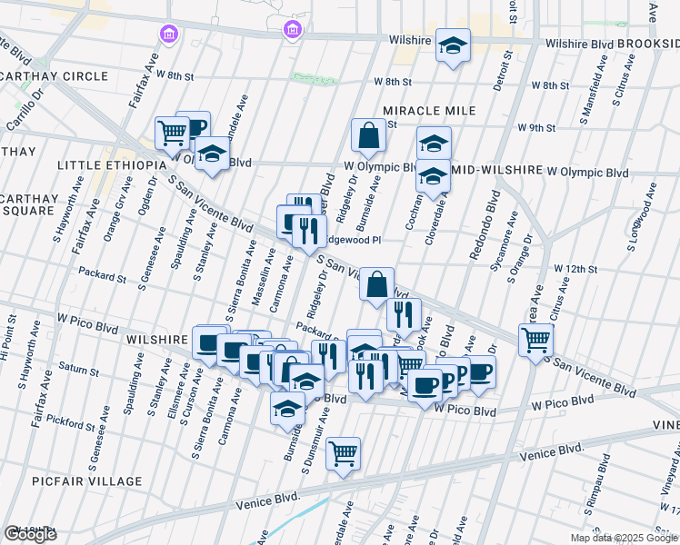 map of restaurants, bars, coffee shops, grocery stores, and more near 1206 South Burnside Avenue in Los Angeles