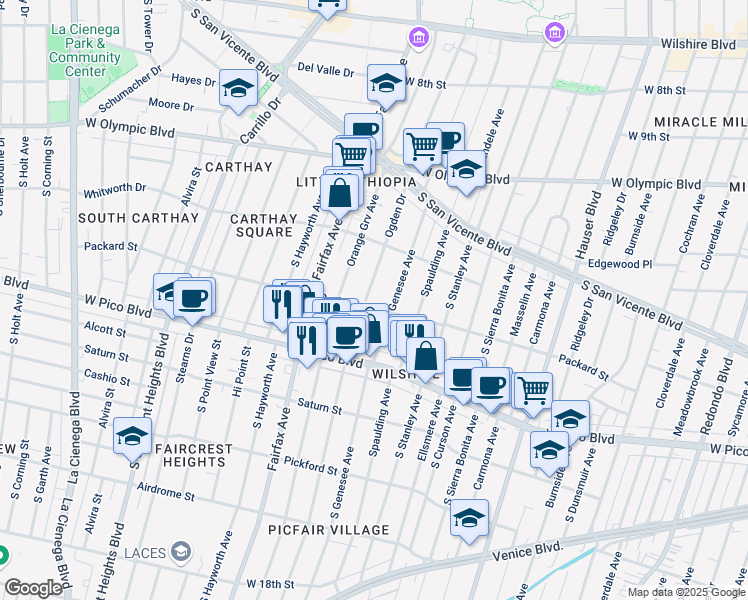 map of restaurants, bars, coffee shops, grocery stores, and more near 1258 South Ogden Drive in Los Angeles