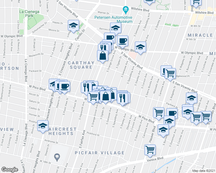 map of restaurants, bars, coffee shops, grocery stores, and more near 1258 South Ogden Drive in Los Angeles