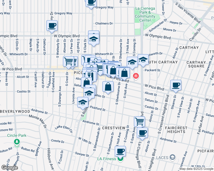 map of restaurants, bars, coffee shops, grocery stores, and more near 1442 South Shenandoah Street in Los Angeles