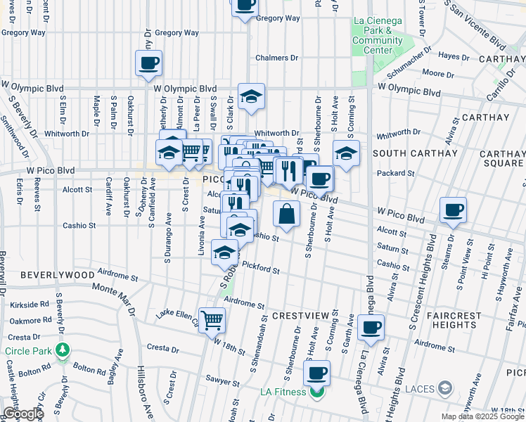 map of restaurants, bars, coffee shops, grocery stores, and more near 1455 South Wooster Street in Los Angeles
