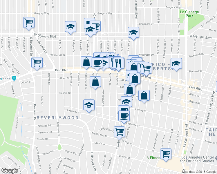 map of restaurants, bars, coffee shops, grocery stores, and more near 1481 South Crest Drive in Los Angeles