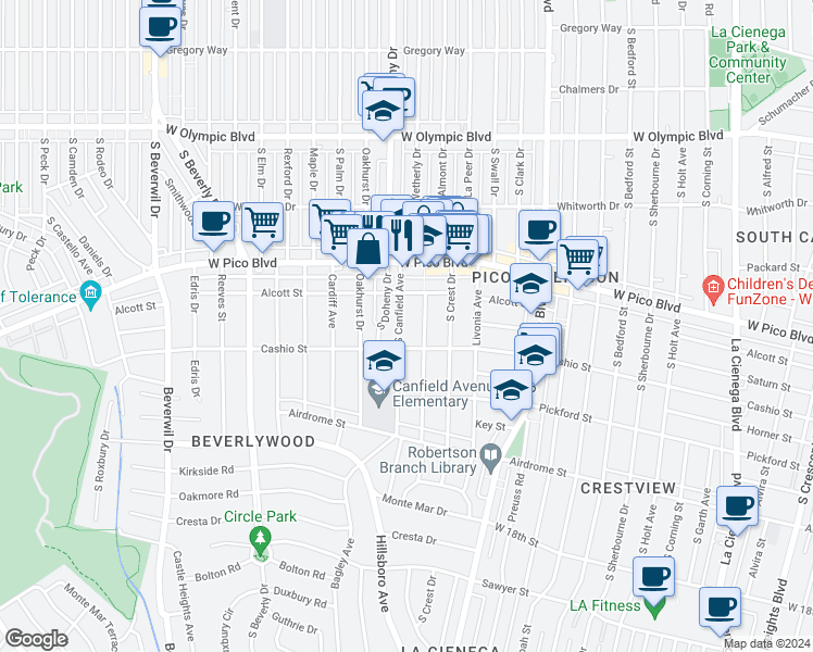 map of restaurants, bars, coffee shops, grocery stores, and more near 1474 South Canfield Avenue in Los Angeles