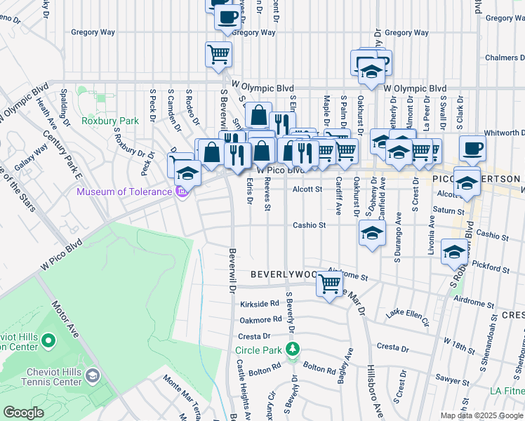 map of restaurants, bars, coffee shops, grocery stores, and more near 1473 Reeves Street in Los Angeles