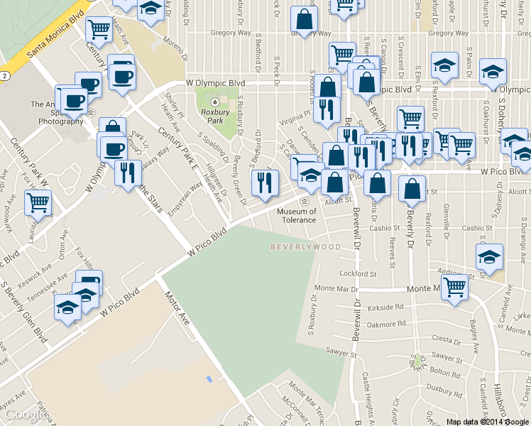 map of restaurants, bars, coffee shops, grocery stores, and more near 1401 West Pico Boulevard in Los Angeles