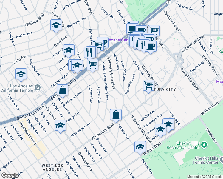 map of restaurants, bars, coffee shops, grocery stores, and more near 2004 Linnington Avenue in Los Angeles