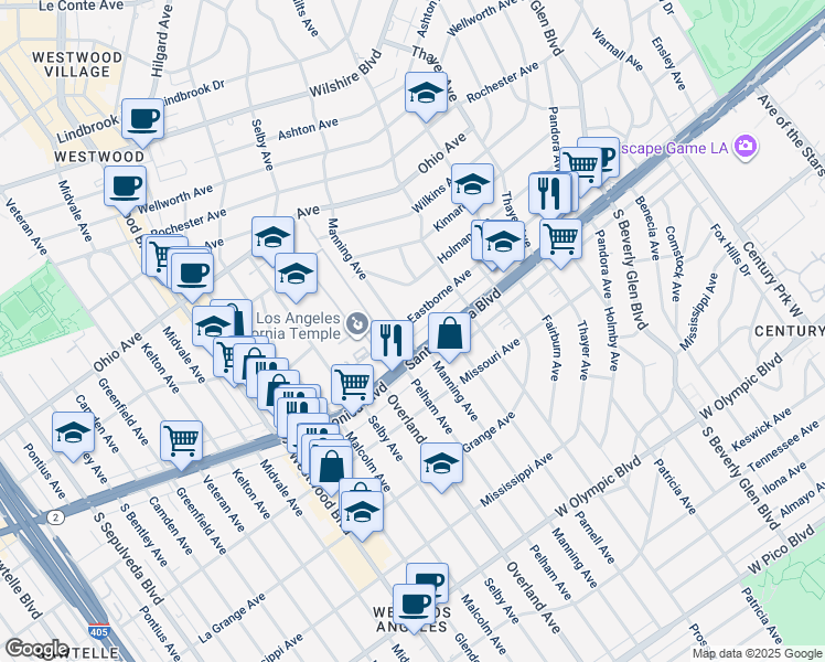 map of restaurants, bars, coffee shops, grocery stores, and more near 10683 Santa Monica Boulevard in Los Angeles
