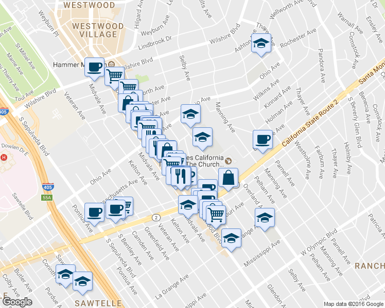 map of restaurants, bars, coffee shops, grocery stores, and more near 1646 Malcolm Avenue in Los Angeles