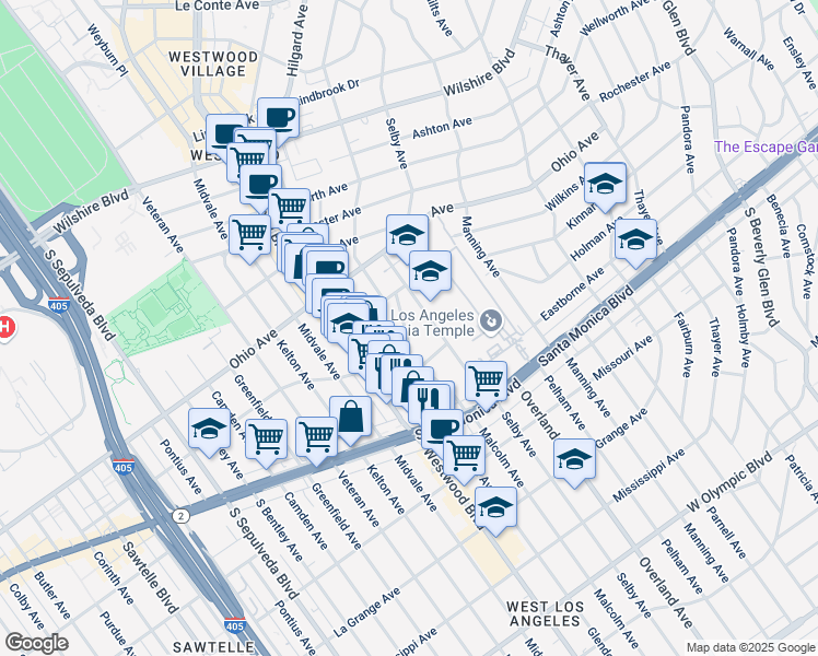 map of restaurants, bars, coffee shops, grocery stores, and more near 1646 Malcolm Avenue in Los Angeles