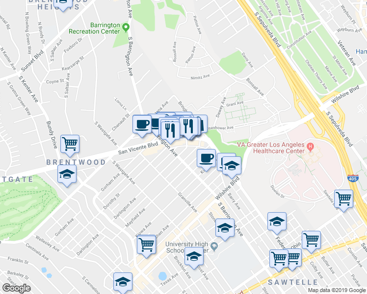 map of restaurants, bars, coffee shops, grocery stores, and more near 11681 Darlington Avenue in Los Angeles