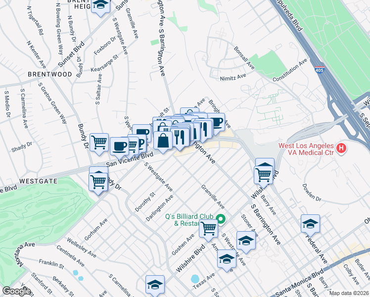 map of restaurants, bars, coffee shops, grocery stores, and more near 11740 San Vicente Boulevard in Los Angeles