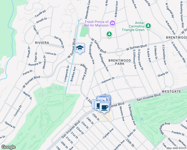 map of restaurants, bars, coffee shops, grocery stores, and more near 227 South Rockingham Avenue in Los Angeles