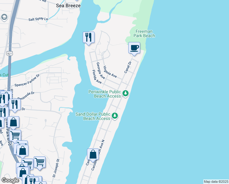 map of restaurants, bars, coffee shops, grocery stores, and more near 1418 Canal Drive in Carolina Beach