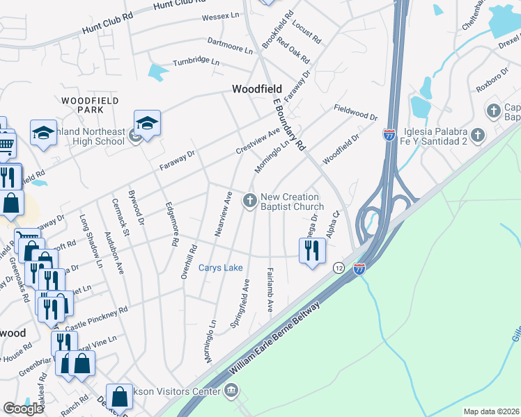 map of restaurants, bars, coffee shops, grocery stores, and more near 1834 Springfield Avenue in Columbia