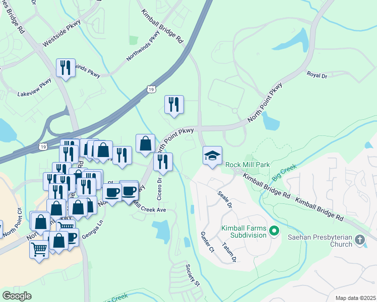 map of restaurants, bars, coffee shops, grocery stores, and more near 113 Pinecone Place in Alpharetta