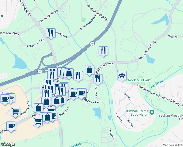 map of restaurants, bars, coffee shops, grocery stores, and more near 5755 North Point Parkway in Alpharetta
