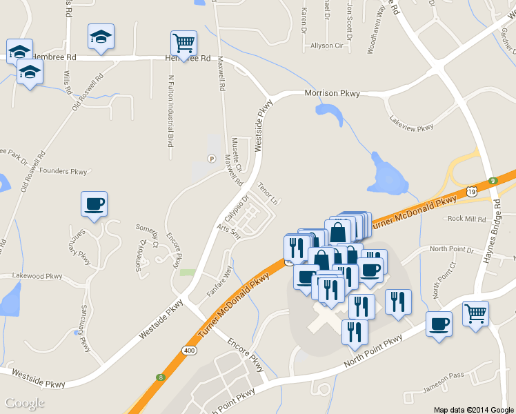 map of restaurants, bars, coffee shops, grocery stores, and more near 1856 Adagio Drive in Alpharetta