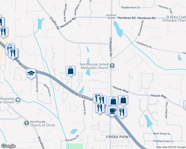 map of restaurants, bars, coffee shops, grocery stores, and more near 1145 Hidden Pond Lane in Roswell