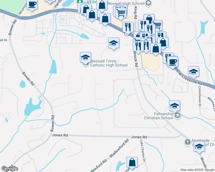 map of restaurants, bars, coffee shops, grocery stores, and more near 4015 Devereux Chase in Roswell
