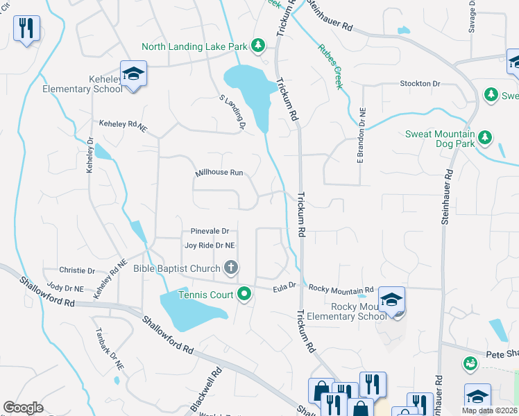 map of restaurants, bars, coffee shops, grocery stores, and more near 1771 Millhouse Run in Marietta