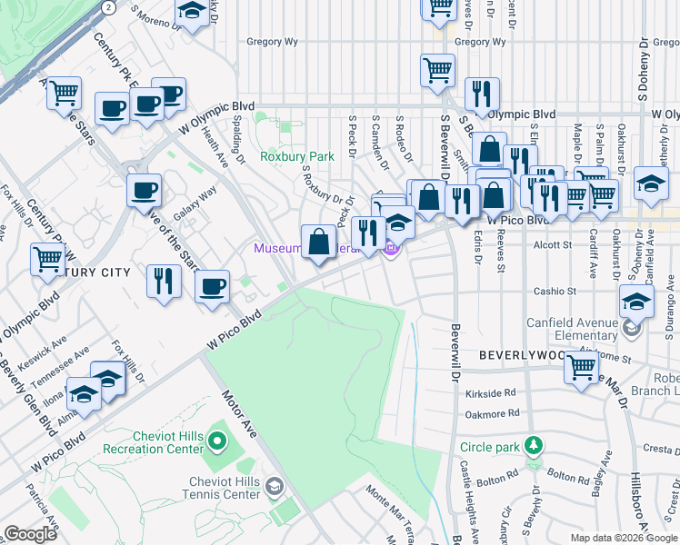 map of restaurants, bars, coffee shops, grocery stores, and more near 1401 West Pico Boulevard in Los Angeles