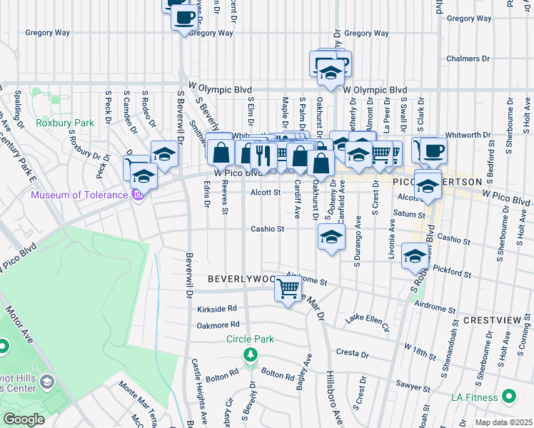 map of restaurants, bars, coffee shops, grocery stores, and more near 1470 Rexford Drive in Los Angeles