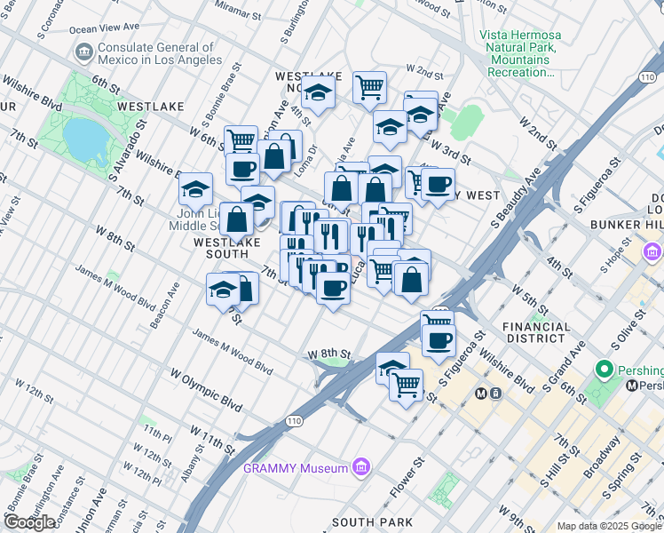 map of restaurants, bars, coffee shops, grocery stores, and more near 1234 Wilshire Boulevard in Los Angeles