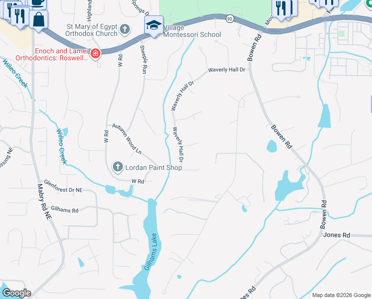 map of restaurants, bars, coffee shops, grocery stores, and more near 420 Waverly Hall Drive in Roswell