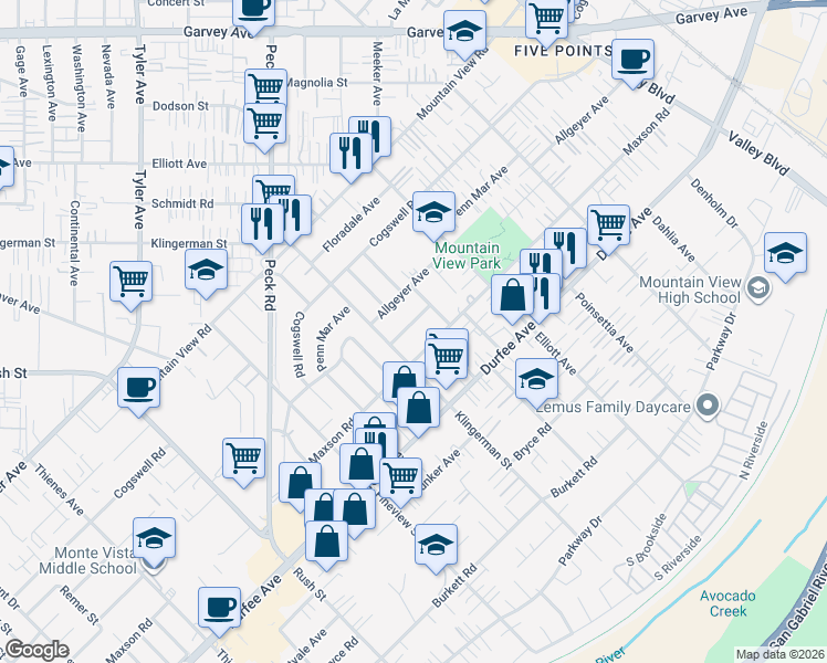 map of restaurants, bars, coffee shops, grocery stores, and more near 2426 Leafdale Avenue in El Monte