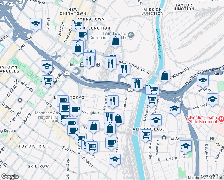 map of restaurants, bars, coffee shops, grocery stores, and more near 621 East Commercial Street in Los Angeles