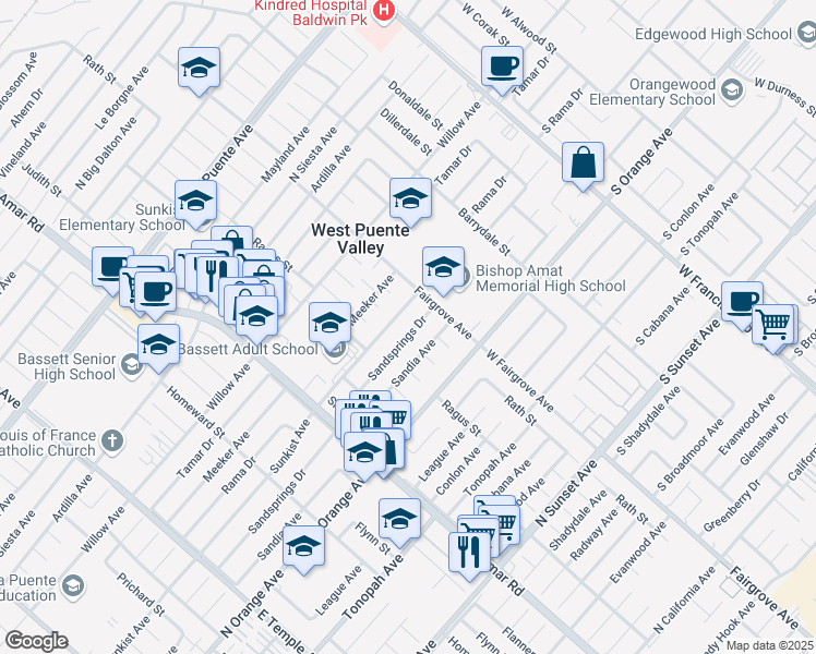 map of restaurants, bars, coffee shops, grocery stores, and more near 1127 Sandsprings Drive in La Puente